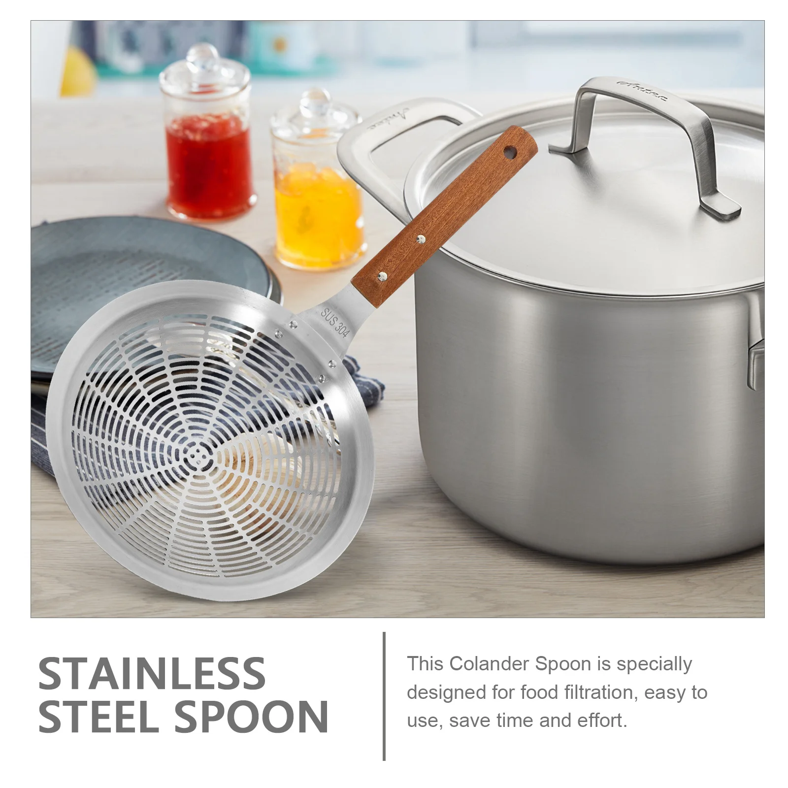 

Stainless Steel Skimmer Ladle with Wooden Handle Slotted Spoon for Pasta Noodles Vegetables Draining Colander Kitchen Utensil