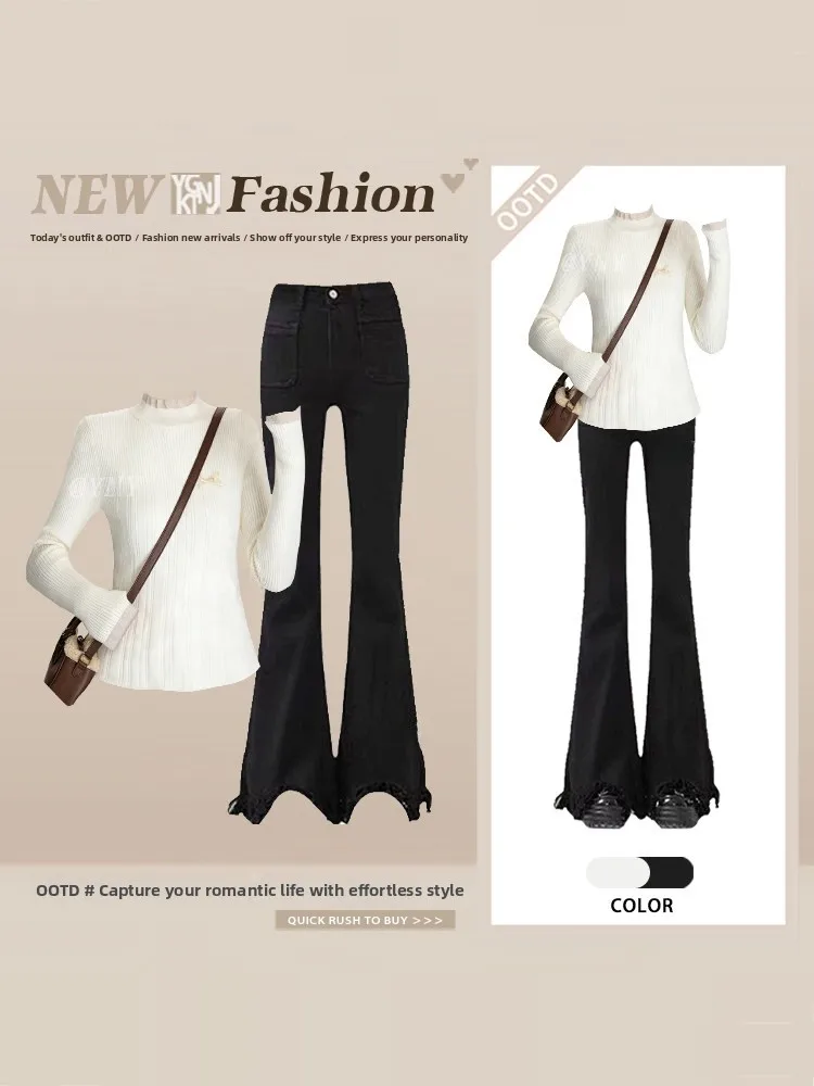 

Slimming Long Sve Knitted Top And High Waist Jeans Two Piece Set Spring Faion Hong Kong Sle Base Layer Micro Flared Jeans