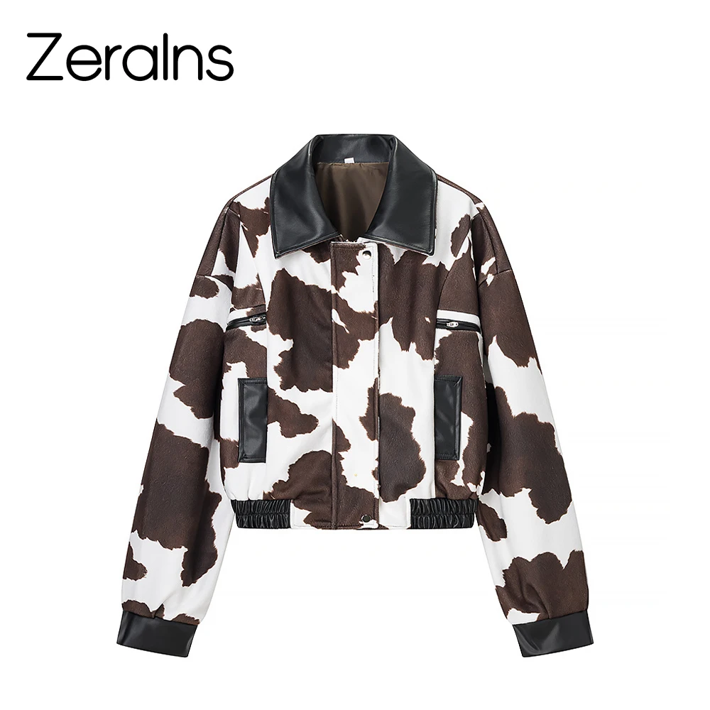 

ZERAINS American retro street style design with cow pattern PU leather patchwork lapel short jacket jacket
