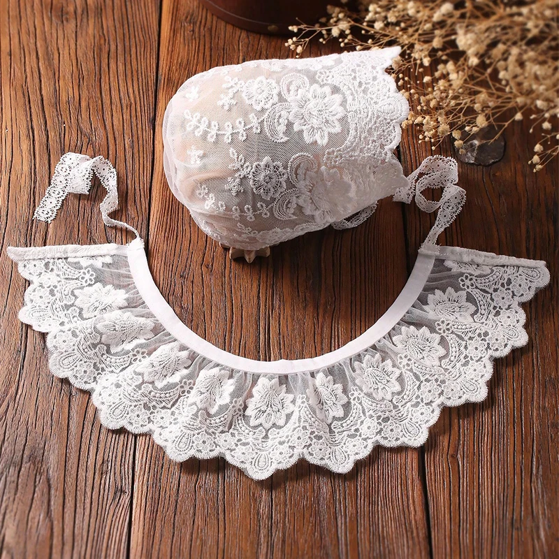Ylsteed 2 Pieces Set Newborn Photography Accessories Baby White Lace Hat Bibs Set Photo Props