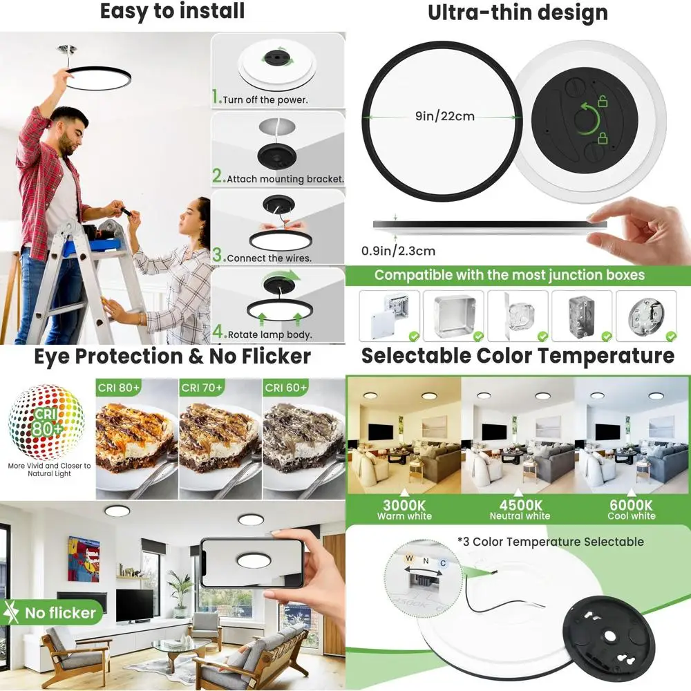 

9-дюймовый светодиодный потолочный светильник 24 Вт, 2400 люмен, регулируемый 3000K-6000K, набор из 6 черных плоских ламп для ванной, гардеробной, пантеры