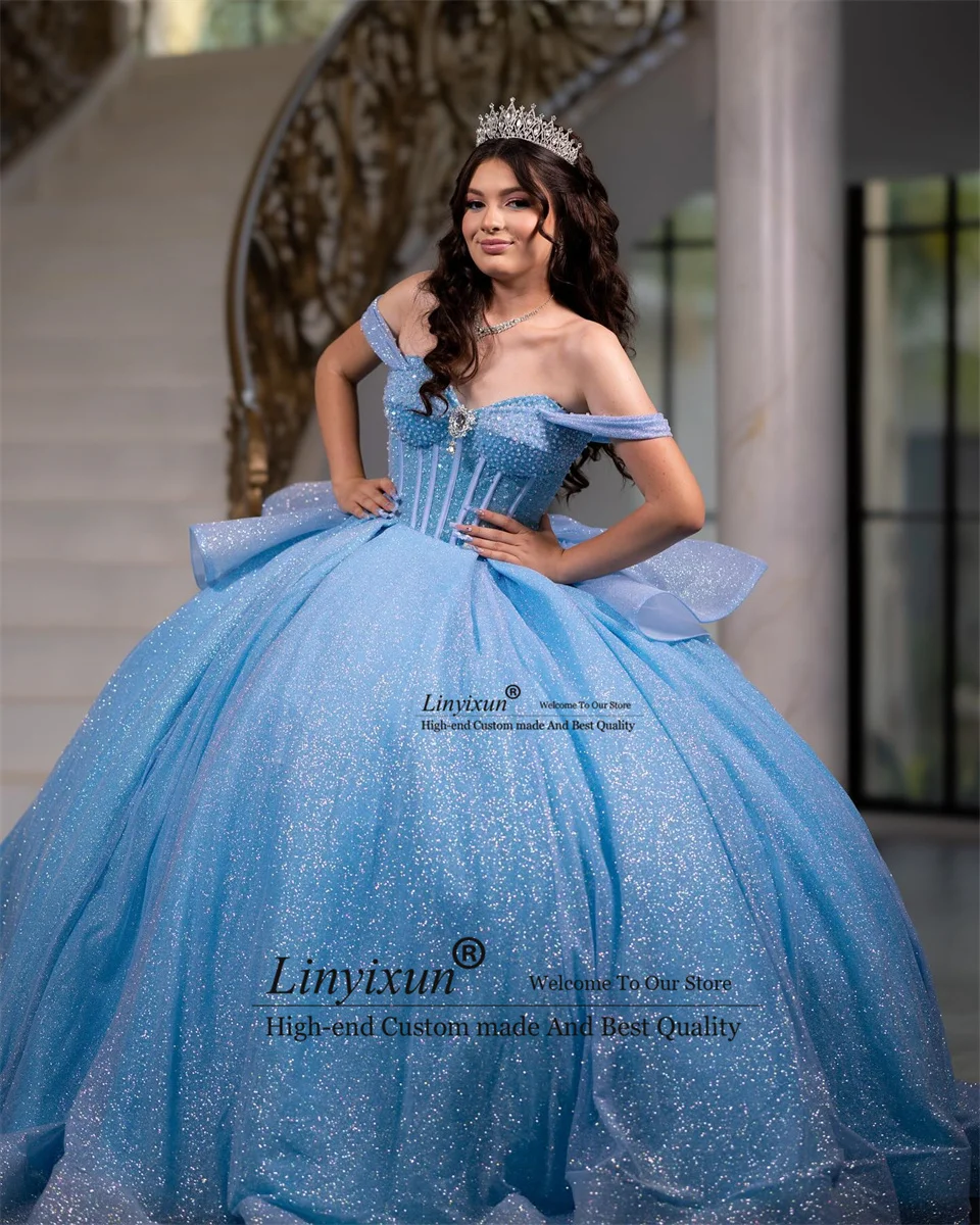 

Cute Sky Blue Princess Quinceanera Dress Off Shoulder Shiny Ball Gown Crystals Rhinestones Pearls Beads Tull Sweet 16 15Vestidos