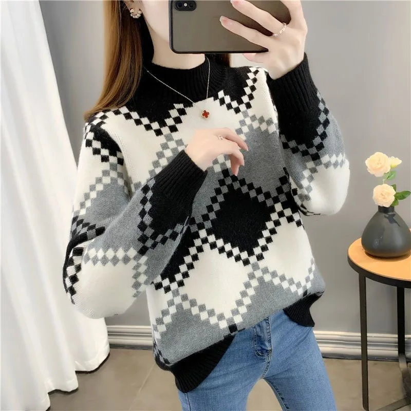 New Autumn and Winter Fashion Trend Colored Half High Neck Loose Versatile Western Style Reduced Age Women's Knitted Sweater