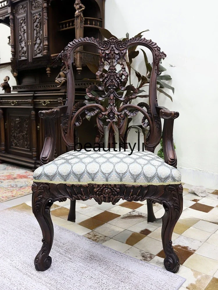 01A European Western Oriental Aesthetic Design Carved Armrest Dining Chair Vintage Fashion Computer Chair