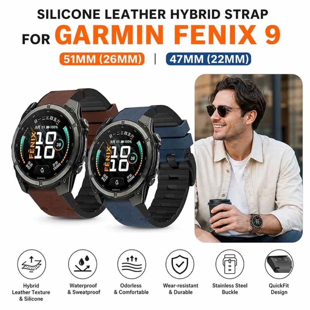 Leather Strap for Garmin Fenix ​​9 51mm 47mm Band 22mm 26mm QuickFit Silicone Strap for Garmin Fenix ​​8 Pro 7X 6X Accessory