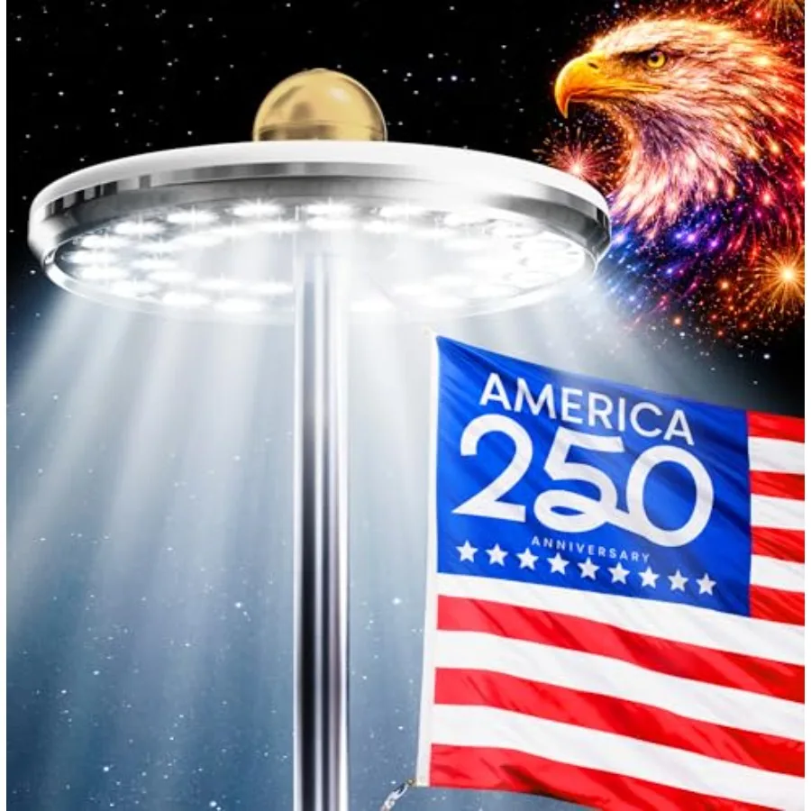 

Deluxe Solar Powered Flagpole Lamp Dusk to Dawn 12+ Hours,,1300 Lumen Outdoor Lighting for American Flag, Garden Decor, House D