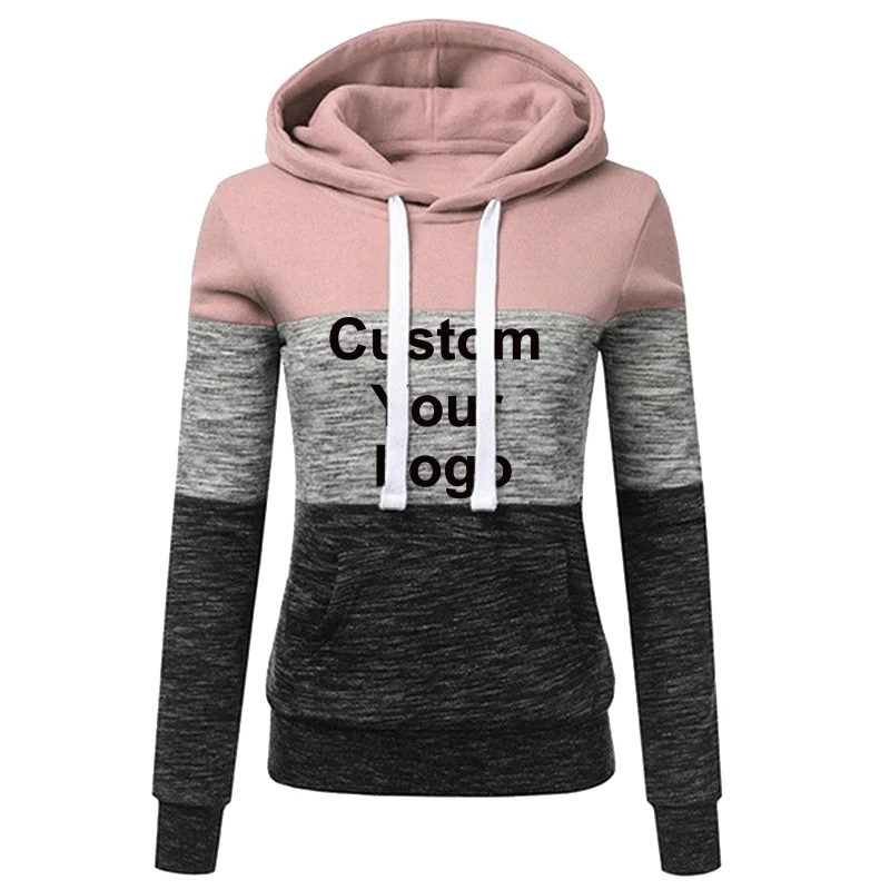 Womens Custom Your Logo tricolor Hoodies Casual Long Sleeve Pullover Top Women Hoodie Sweatshirt