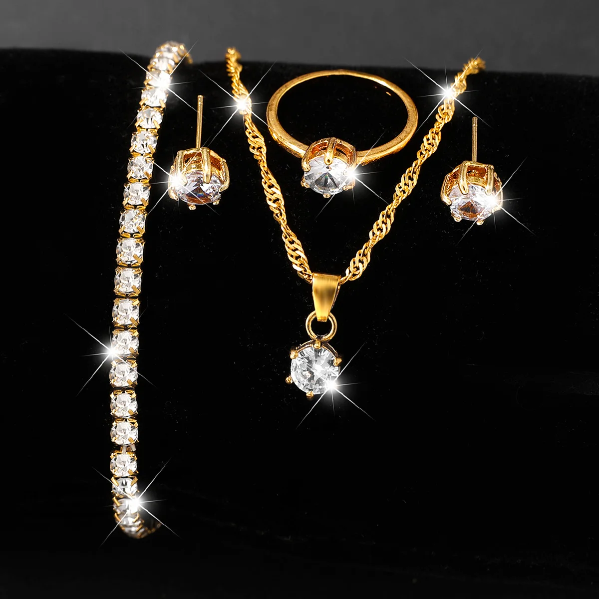 5PCS Women Fashion Round Rhinestone Jewelry Set, Necklace Bracelet Earrings Ring, Elegant Gift for Women Wedding