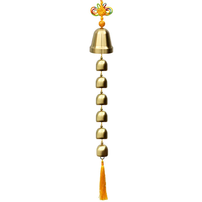 Retro seven star bell, Feng shui wind chimes metal pure copper bell pendant. Red and yellow tassels home hanging ornaments