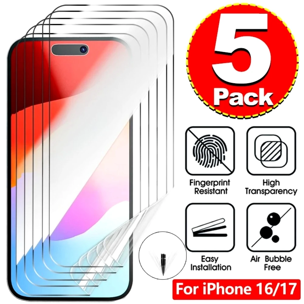 

5Pcs Ultra Clear Hydrogel Film for iPhone 17/16/13/15/Pro Max/14/12/11/Pro Air/17e/16e/15/14/Plus Full Coverage Screen Protector