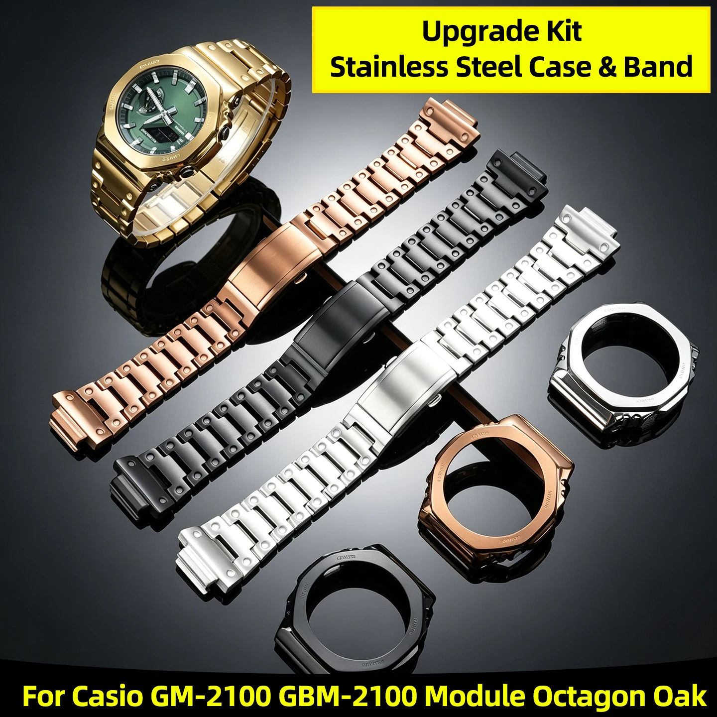 Stainless Steel Case & Band Mod Upgrade Kit Metal Bezel Replacement Parts For Casio GM-2100 GBM-2100 Module Octagon Oak Watch