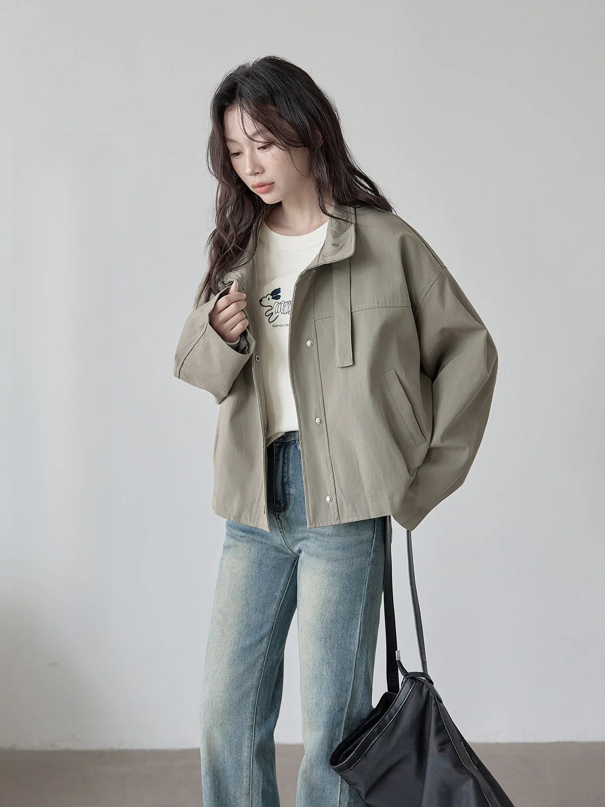 

HuiXi ey ort Women's Jaet Casual Design Spring 2026 New Sle Commute Stand Fit Long Sve Daily Wear Single Button