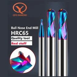 QIYE Ball Nose End Mill HRC65 2 Flute Nano Blue Coated Carbide Milling Cutter CNC Router Bit For Metal Tools Tungsten steel Tool