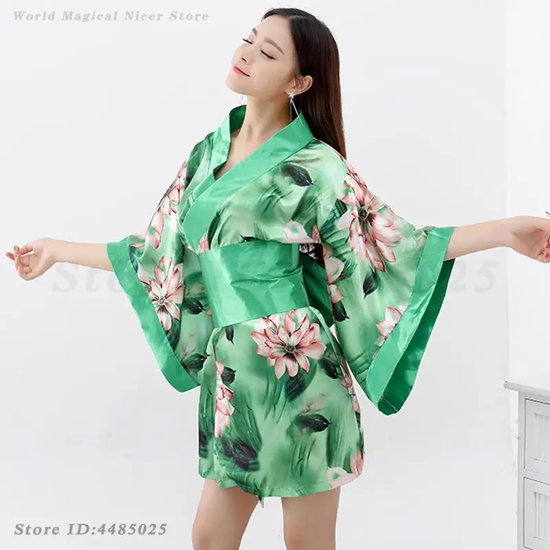 Women Sexy Seductive Kimono Robe Japanese Kimonos Yukata with Obi Silk Satin Lingerie Floral Print Sleepwear Evening Party Dress