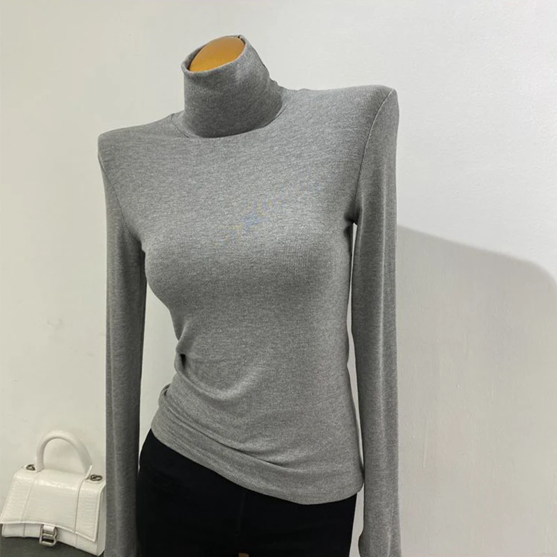 

Solid Screw Thread Long Sleeve T-shirt Turtleneck Long Sleeve Tops Women Slim Fit Basic T-shirt 2025 Autumn Casual Thin T-shirt