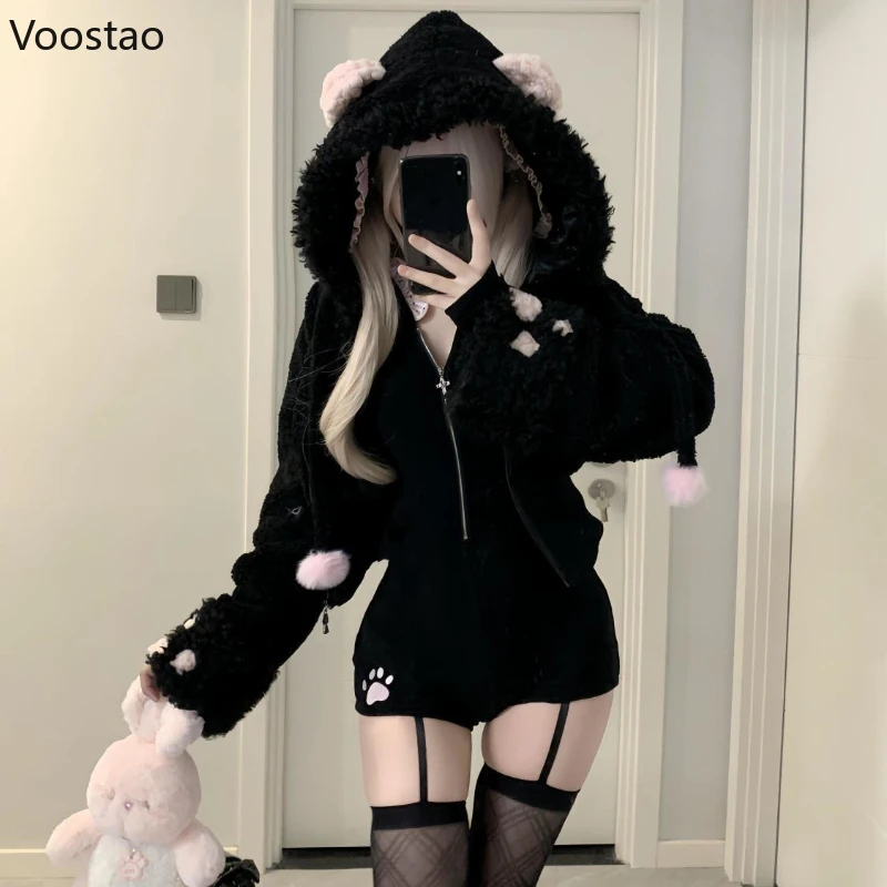 Japanese Sweet Lolita Style Lambswool Coat 2 Piece Set Women Gothic Dark Cat Ears Hooded Jacket Jumpsuit Suit Kawaii Y2k Outfits