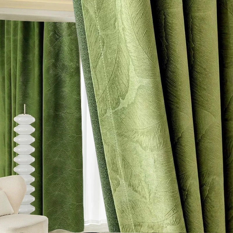 

1PC Light Luxury Olive Green Embossed Leaves Curtain for Living Room Jacquard Window Bedroom Shading 80% Home Decoration Blinds