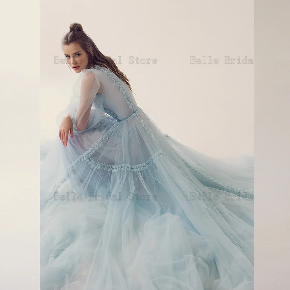 Customized Simple Sky Blue Wedding Dresses Jewel Neck Long Sleeves Wedding Gowns Bridal Dress Tulle Zipper Vestidos De Novia