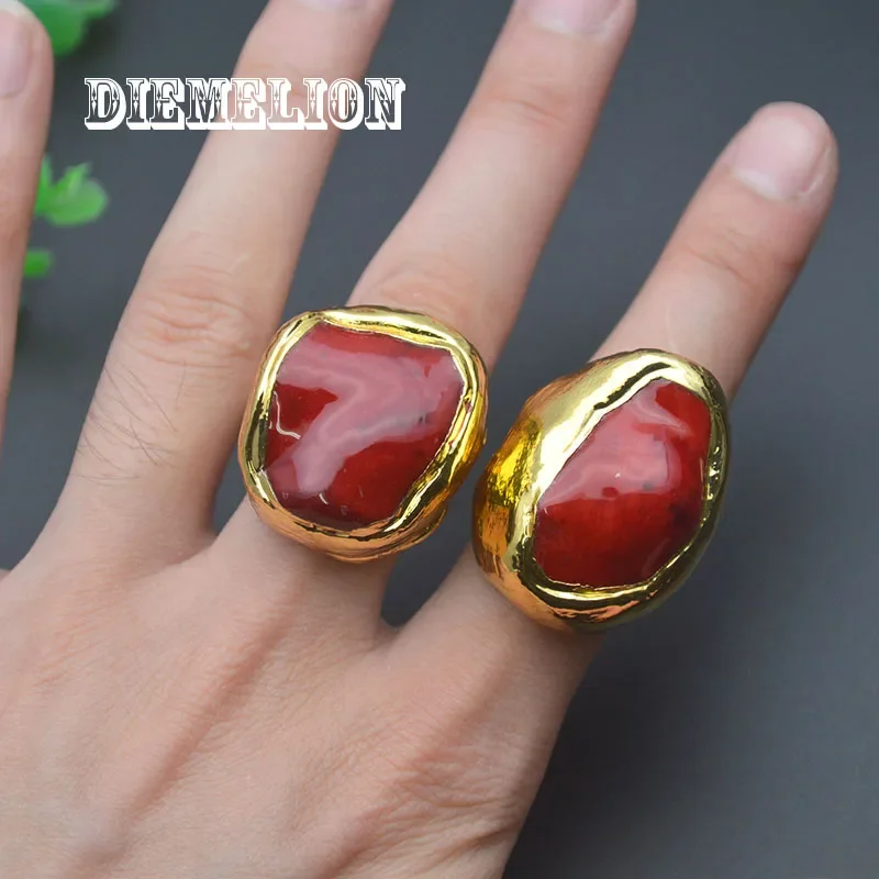 24K Gold Plated Bige Size Natural Irregular Red Coral Rings for Men Woman Open Adjustable Large Ring Luxury Fine Jewelry