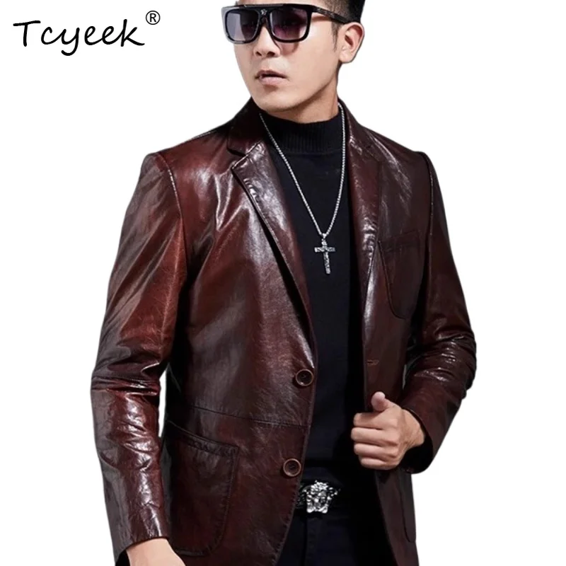 

Tcyeek Верхний слой из коровьей кожи Весна Осень Модный винтажный костюм с воротником Короткая мужская куртка из натуральной кожи Куртка Кожаная Мужская