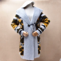 Women Mujer Autumn Winter Clothing Hairy Grey Crochet Mink Cashmere Knitted Medium Long Sweater Cardigans Mantle Angora Jacket