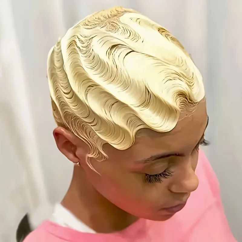 

Человеческие волосы Remy 613, цвет блондинки, океан, волнистые пальцы, волнистые, короткая стрижка пикси, парик машинного производства