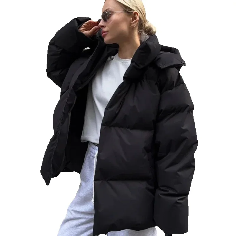 

Autumn Winter Thicken Cotton Jacket Women 2025 New Fashion Loose Casual Hooded Cotton Coat Zipper Keep Warm Outerwear Female