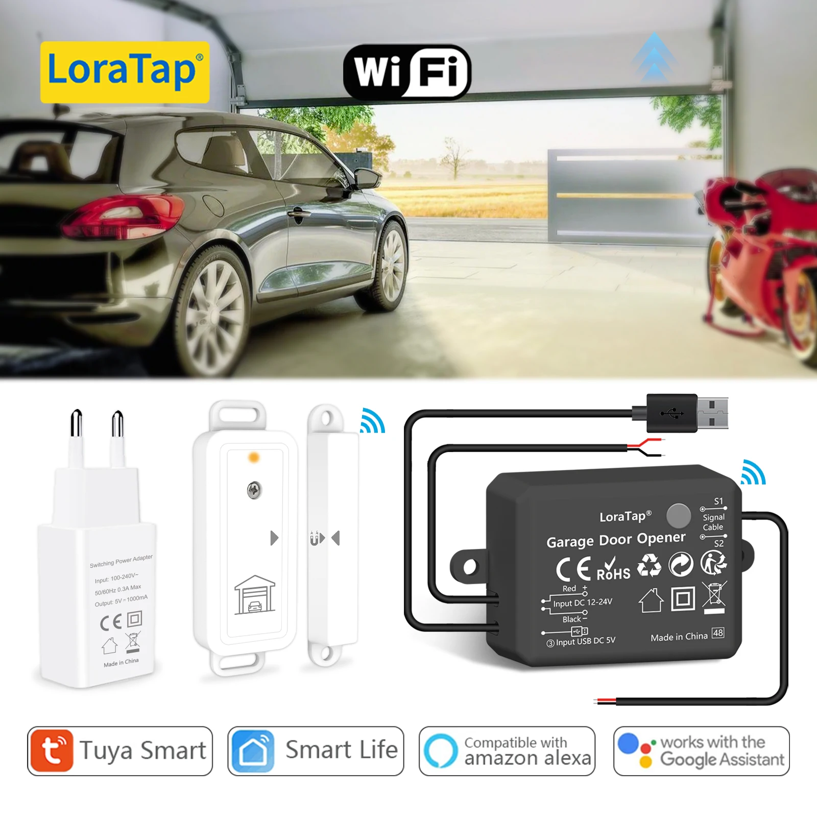 LoraTap Tuya Smart Life Garage Door Opener Controller Wireless Sensor Security Warning System Work with Google Assistant Alexa