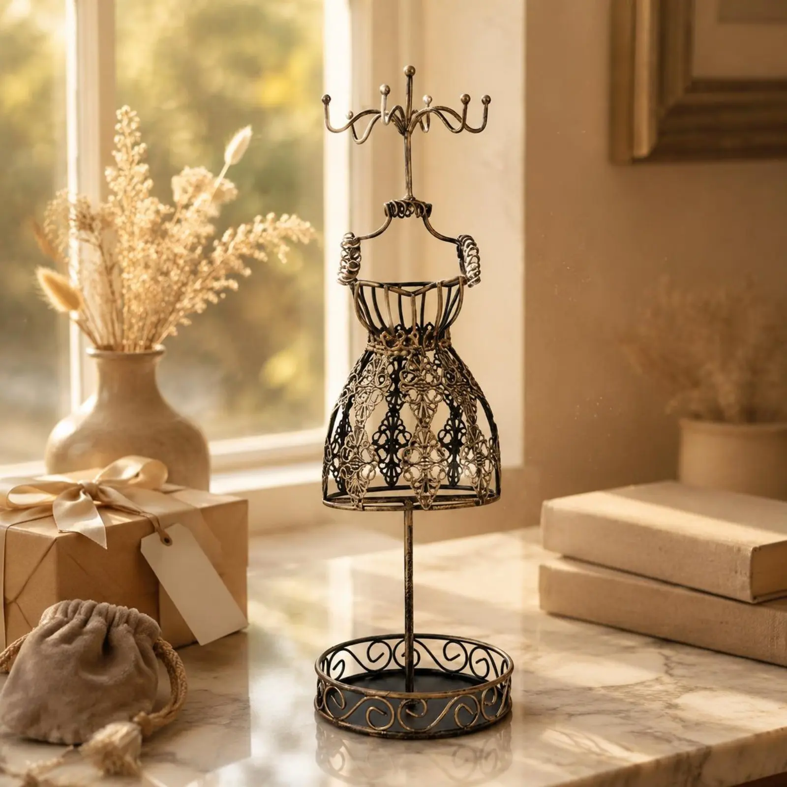 Dress-Shaped Jewelry Holder Retro Gold Finish Dress Form Jewelry Holder Necklace Display Rack Vintage Design Metal Earring Stand