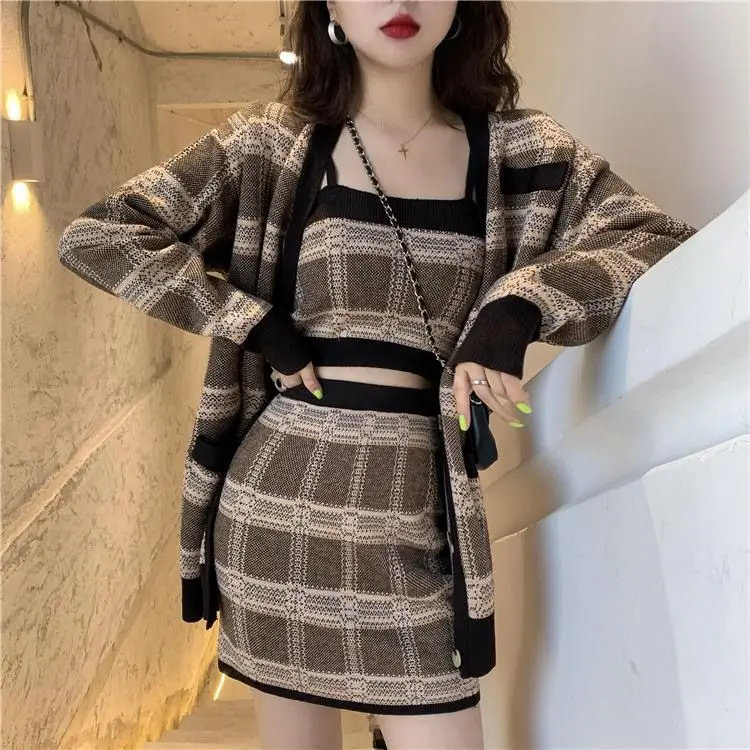 Knitted Sweater Jacket Suspender Plaid Hip-Covering Skirt Three-Piece Set Autumn Winter Temperament Royal Sister Suit