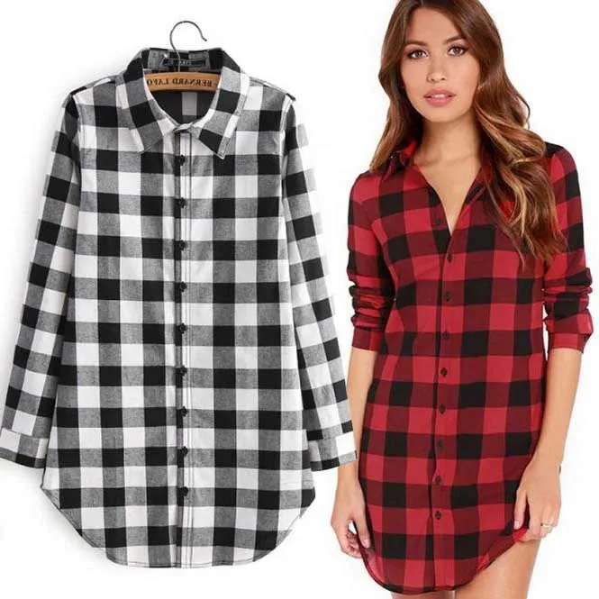 

Autumn Long Women's Plaid irt Casual Casual Top Blouse Versatile Sle Long Sve Mid-Length Other Material 00%
