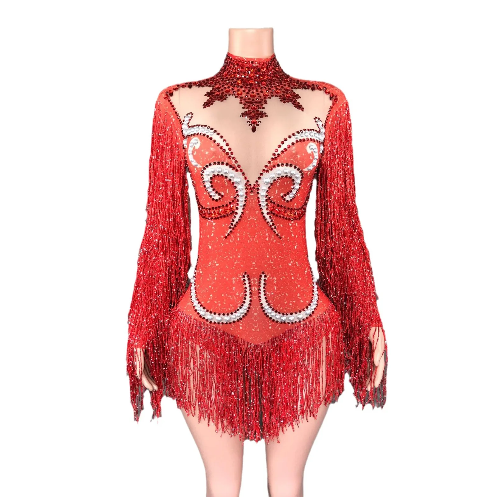 

Stock new multi-color stage performance sexy mesh pearl perspective full diamond onesie fringed photo suit