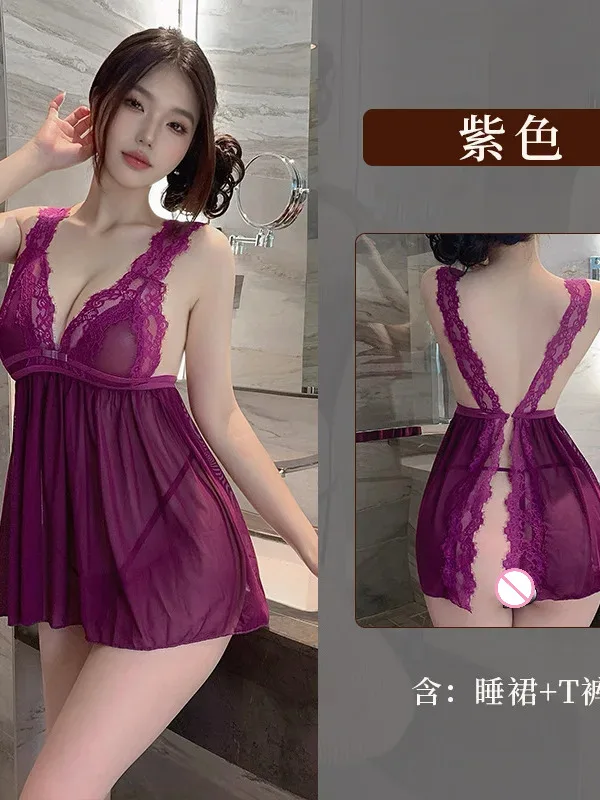 เซ็กซี่ผู้หญิงลูกไม้สีม่วงNightdress Pure Desire Sheer VคอBackless Elegant Tank Mini Dress 2025 ใหม่แฟชั่นผู้หญิงJNB8