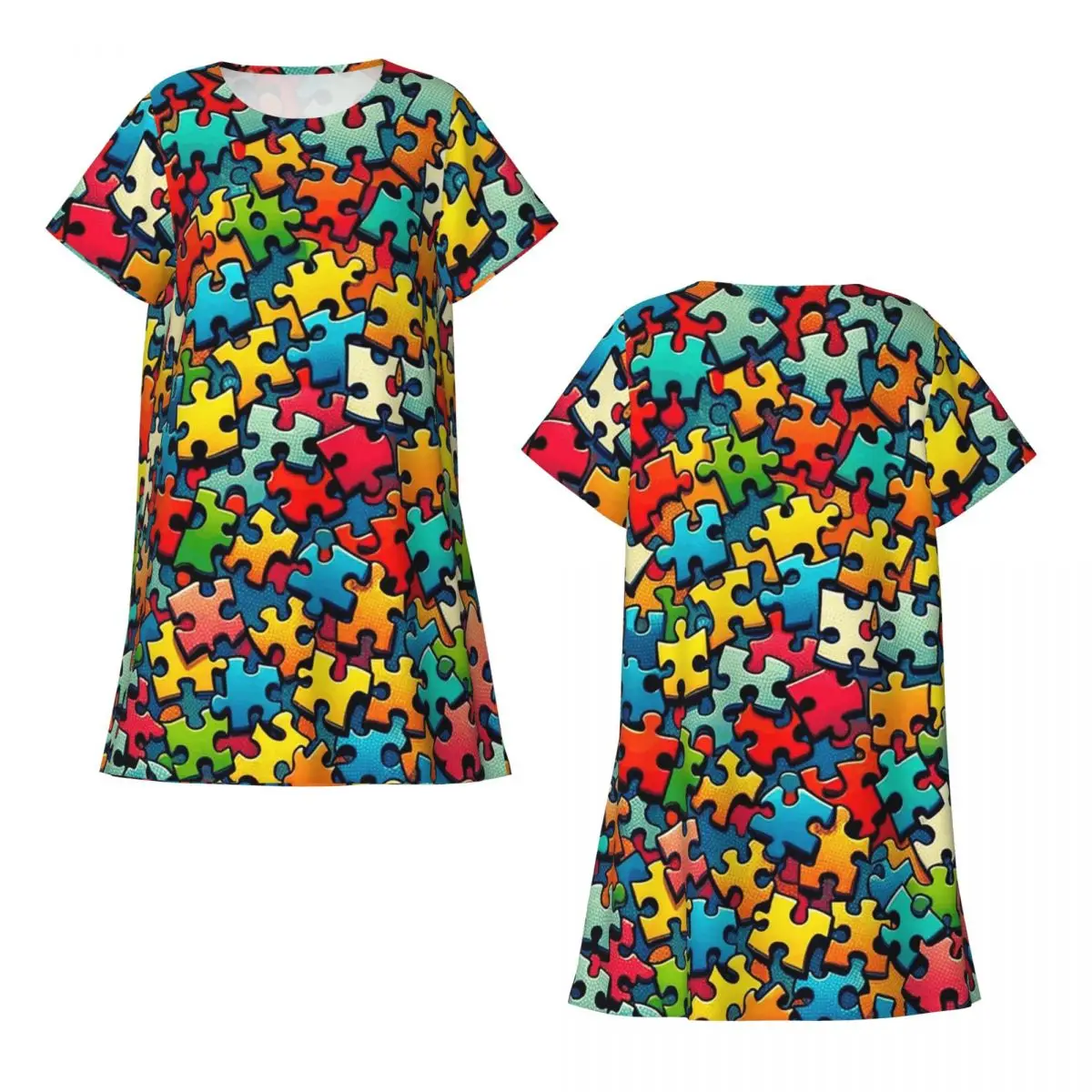 Autism Awareness Colorful Puzzle Piece Print Short Sleeves Nightdress For Sleeping Women Short Sleeve Nightgowns Pajama Dress
