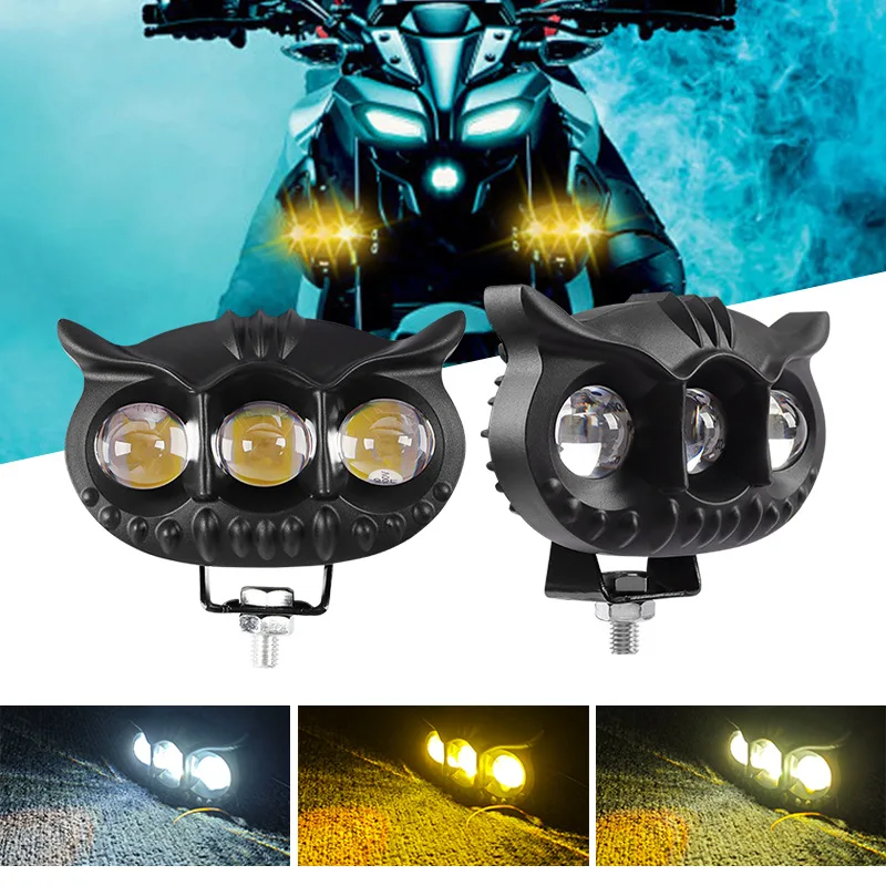 Electric Motorcycle Spotlight Owl 3-eye Spotlight Far and Near Light Led Headlight Two-color External Headlight Modification