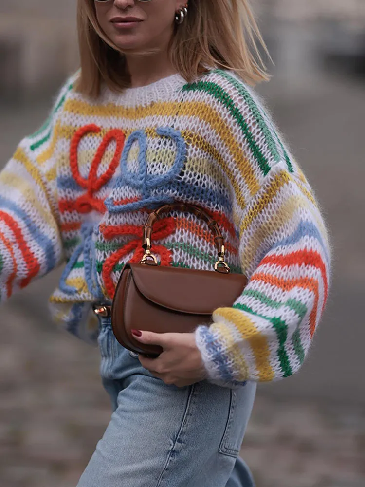 Suéter feminino oco com gola redonda, pulôver multicolorido, saltador estético Harajuku, saltador chique feminino, nova moda, outono, 2022