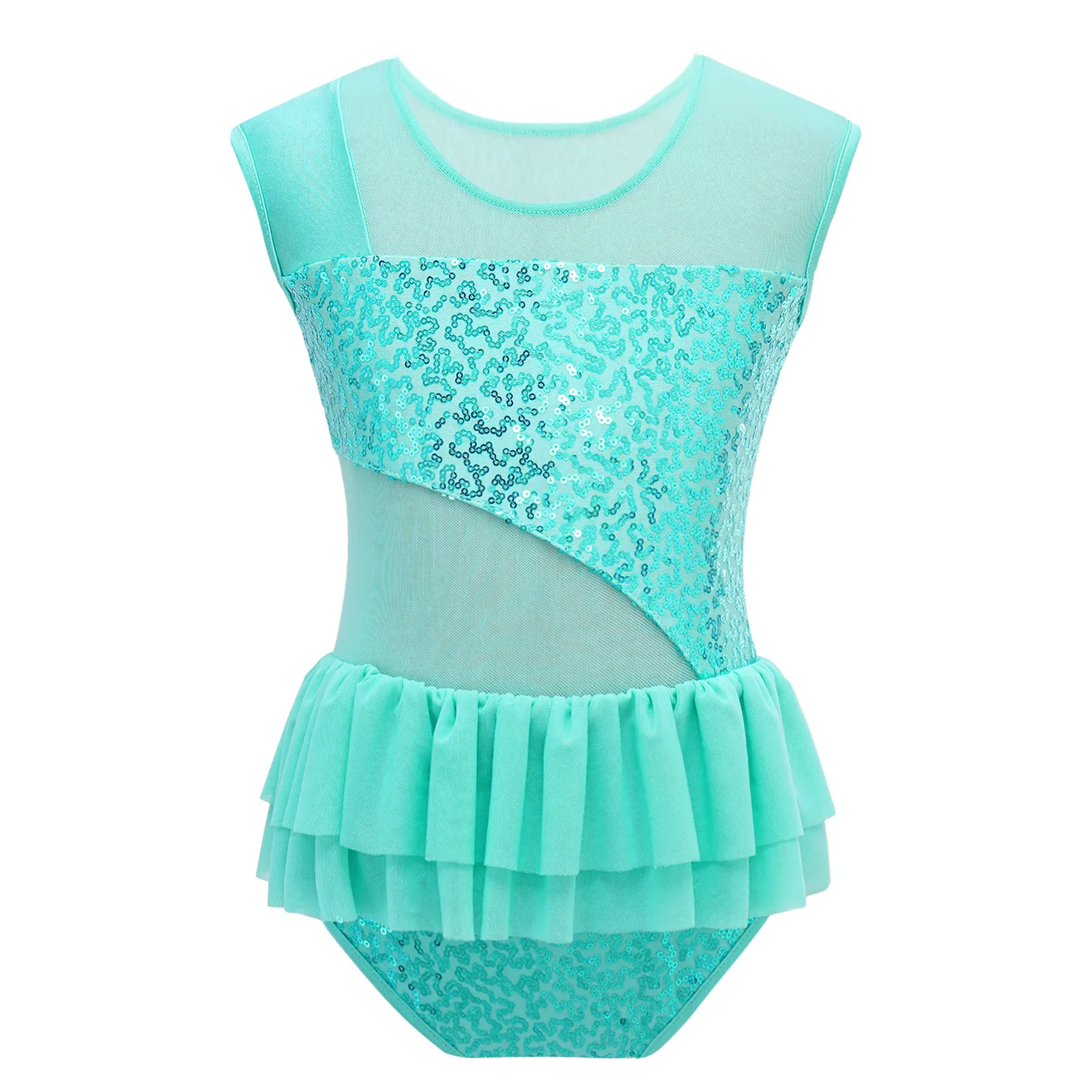 Kids Girls Sequins Ballet Dance Leotard Dress Ruffle Mesh Sports Gymnastics Workout Bodysuit for Stage Performance Dance Costume