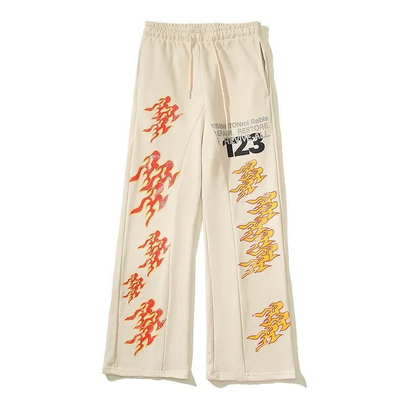 Flame Print Cotton Pants men High Street Vintage Flare Pants Y2k Men Sweatpants Loose Streewear Men Clothing Unisex