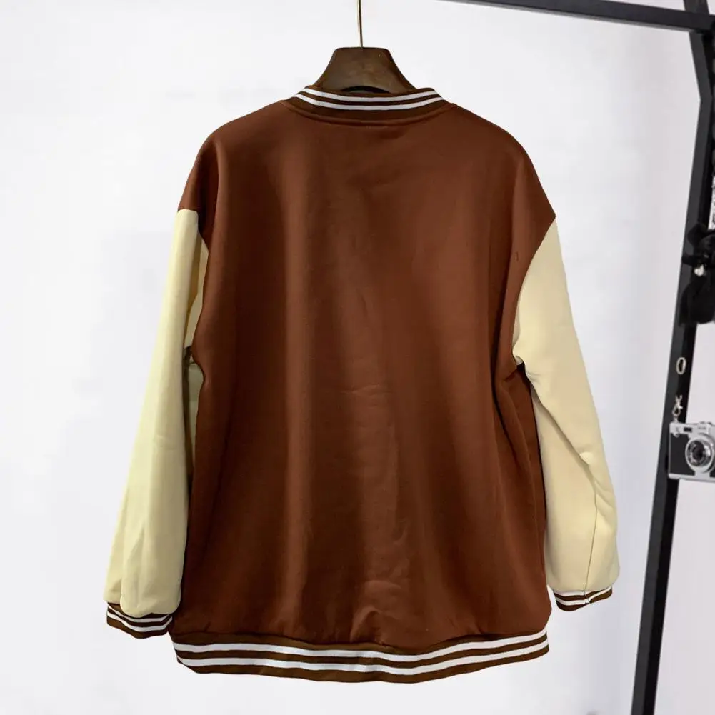 

Women Jacket Retro American Style Baseball Coat for Women Couples Color Matching Stand Collar Outwear with Elastic Cuff Hem