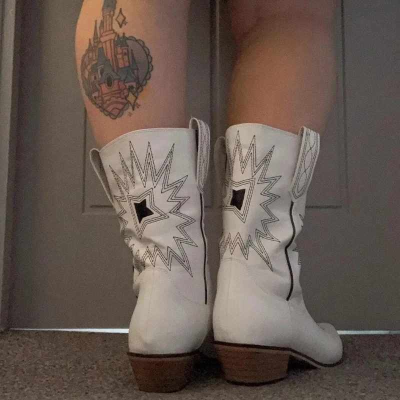 Women Pointed Toe Embroidered Color Block Chunky Heel Short Boots Personalized Tube Large Size Fashion Ladies Daily Boots