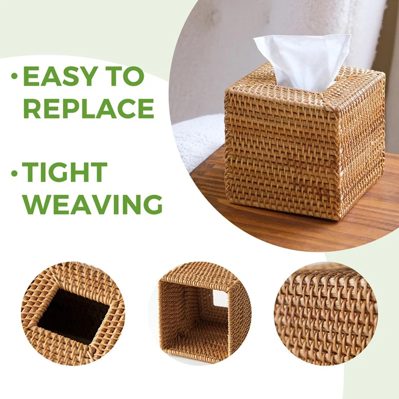 Y17A Rattan Tissue Box Cover, Hand Woven Square Wicker Holder For Facial Tissues, For Bathroom Living Room, Tissue Holders