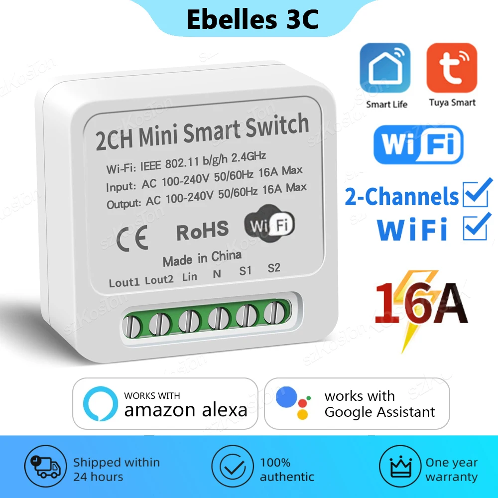 2CH Tuya WiFi Smart Switch Smart Home 16A MiNi DIY Breaker Module Smartlife APP Remote Control Timer Voice for Alexa Google