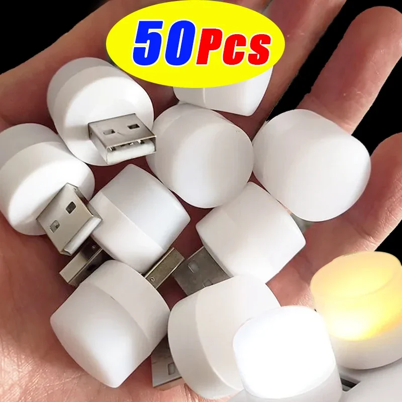 50/1Pcs USB Mini Night Light Eye Protection Book Reading Light USB Plug Computer Mobile Power Charging Small Round Table Lamps