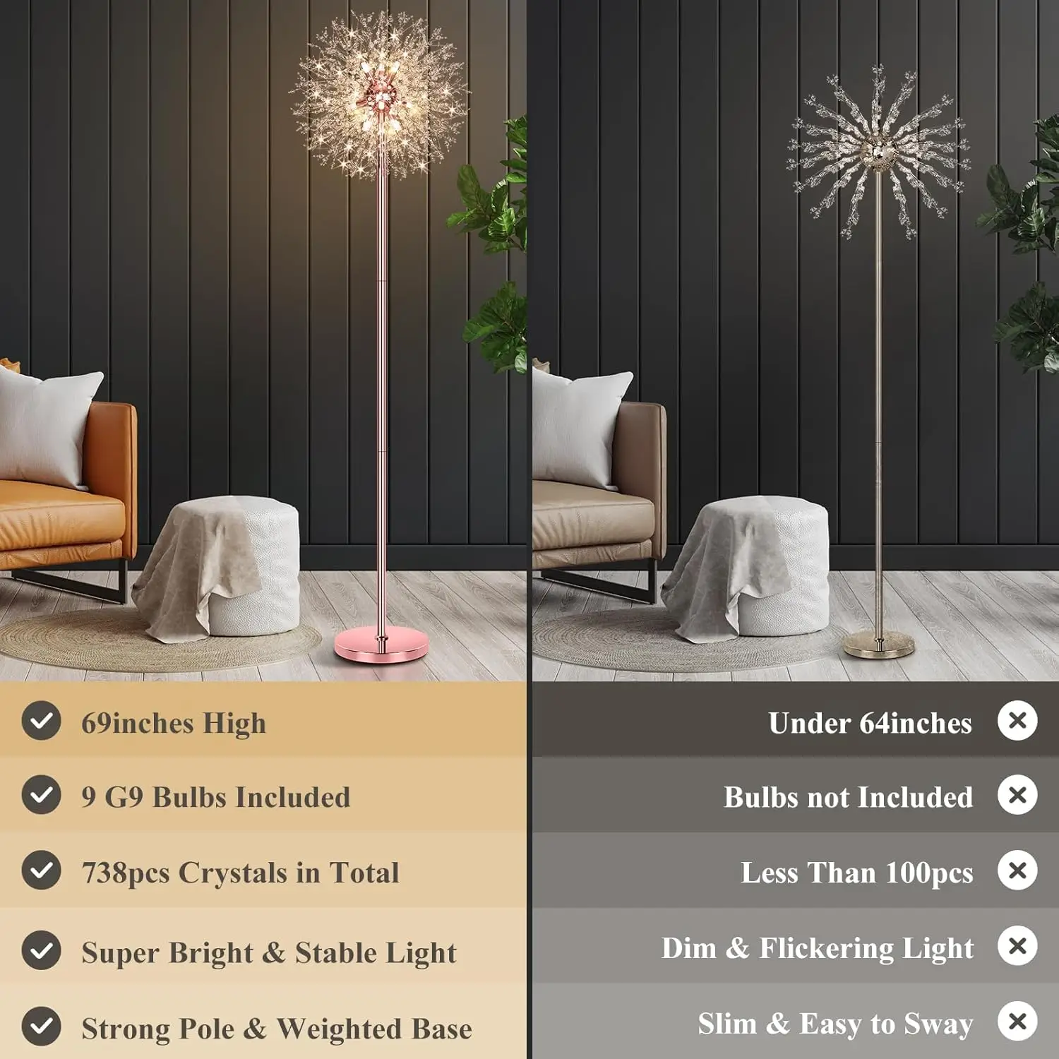 69'' Crystal Floor Lamp with 738 K9 Crystals, Modern Standing Light for Living Room, Rose Gold Finish, 9 LED Bulbs view 2