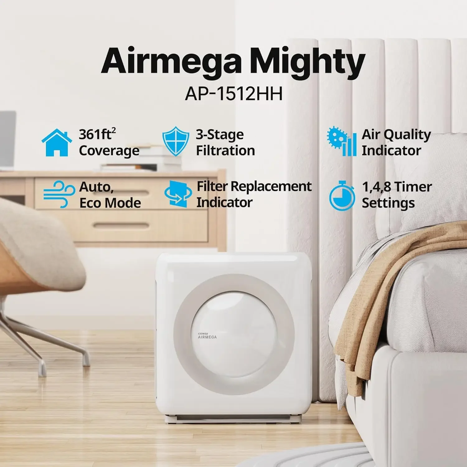 Airmega AP-1512HH(W) True HEPA Purifier with Air Quality Monitoring, Auto, Timer, Filter Indicator, and Eco Mode, 16.8 x 18.3 x