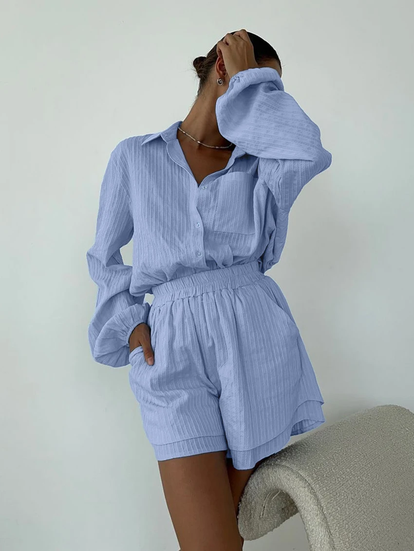 

Marthaqiqi Cotton Loose Women Nightgowns Set Turn-Down Collar Sleepwear Long Sleeve Nightwear Shorts Causal Ladies Pajamas Suits