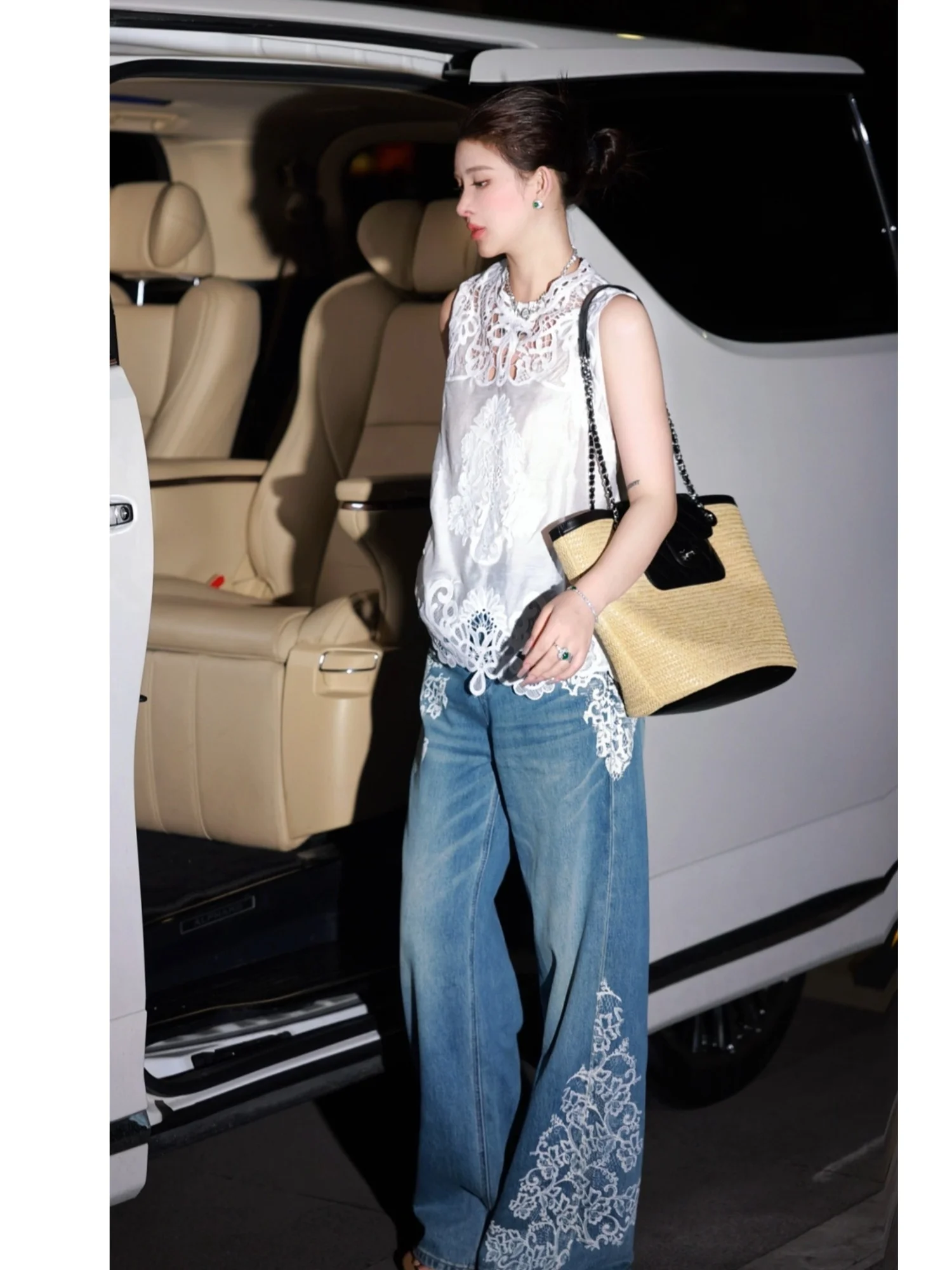 

Женские джинсы G.yantong с высокой талией, прямым кроем, кружевными вставками, прочные, свободного кроя, повседневные, хлопковые, весенние