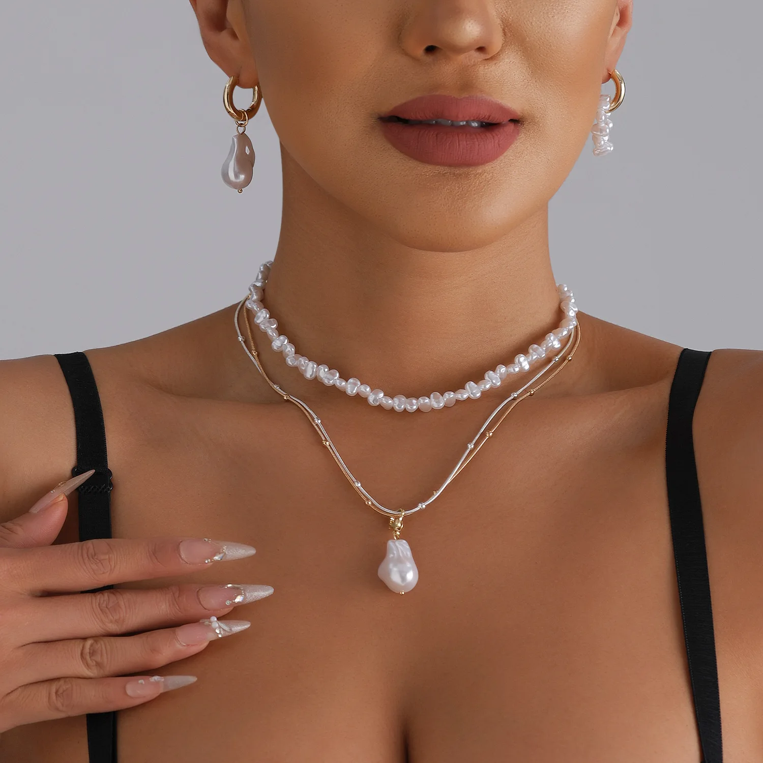 

Boho Irregular Imitation Pearl Pendant Collarbone Necklace Earring Set 2025 Multi Layer Gold Color Metal Girl Fashion Jewelry