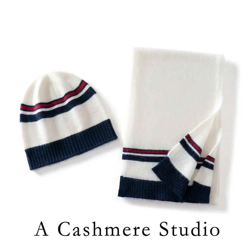 Tcyeek Women 100% Cashmere Caps Scarf Autumn Winter Striped Keep Warm Beanies Scarf Shawls Cashmere Knitwear