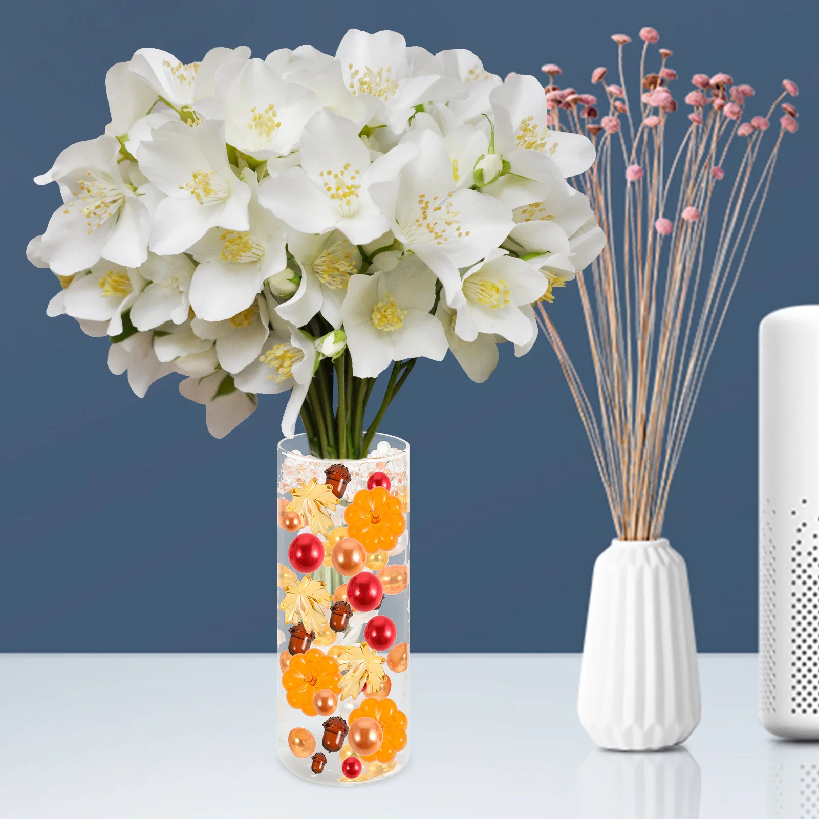 ชุดตกแต่งโต๊ะฤดูใบไม้ร่วง 1 ชุด ประกอบด้วยลูกปัดลอยน้ำรูปฟักทองใบเมเปิลและเฮเซลนัท สำหรับตกแต่งแจกันในวันขอบคุณพระเจ้า ฟักทองพลาสติกขนาดเล็ก